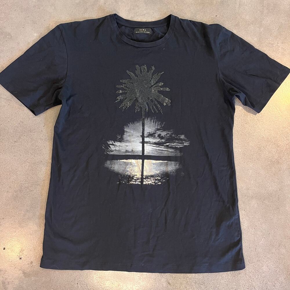 ZARA luxury black label tag textured Palm Tree sunset Men black tshirt Large New